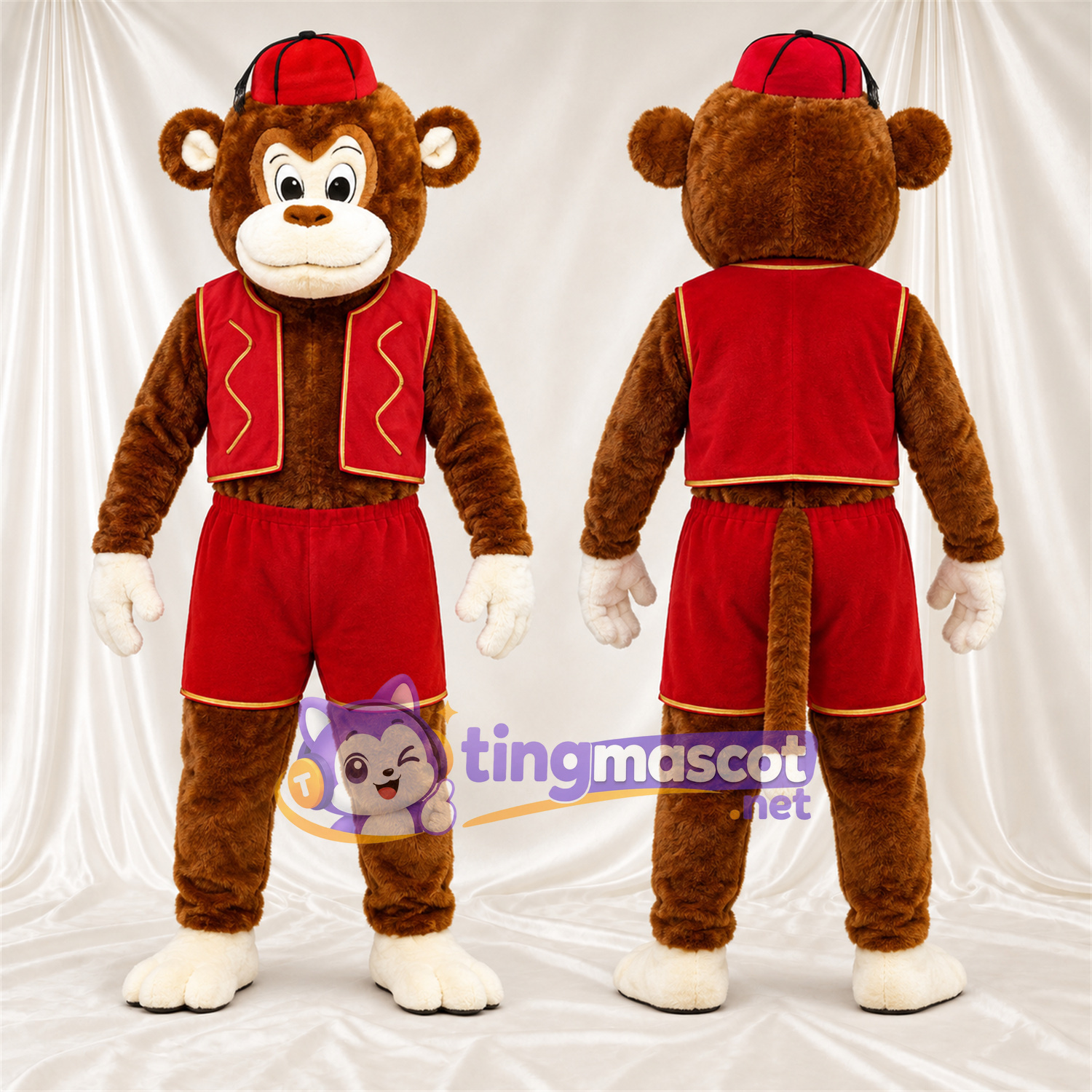Maskottchenkostüm Affe – braun – Weste (rot); Shorts (rot) Maskottchenkostüm Affe – braun – Weste (rot); Shorts (rot)