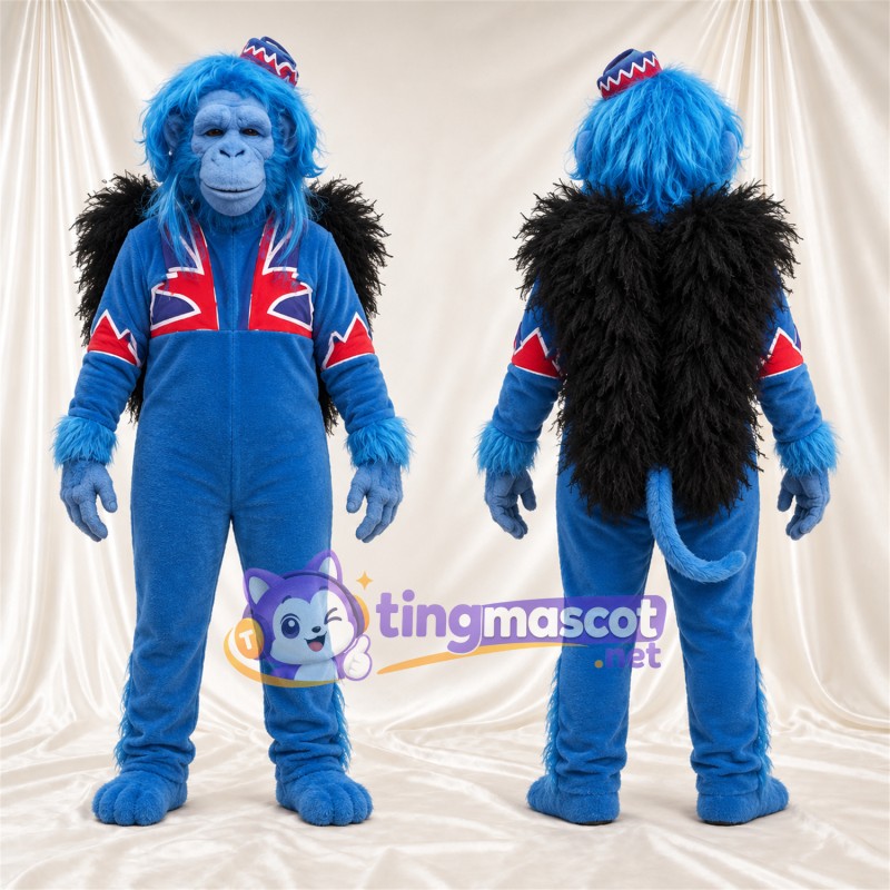 Maskottchenkostüm Affe – blau – Jacke (rot / blau); Fell (schwarz)