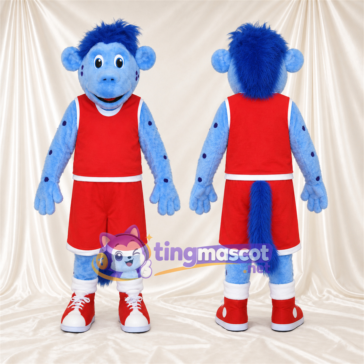 Maskottchenkostüm Affe – blau – Basketballtrikot (rot) Maskottchenkostüm Affe – blau – Basketballtrikot (rot)