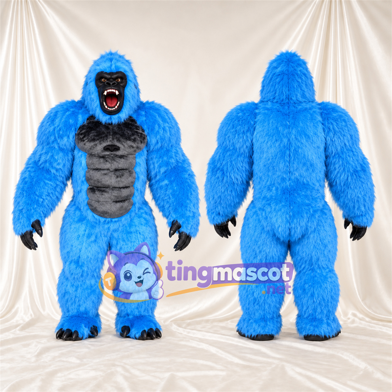 Costume de mascotte Gorille – bleu – Torse musclé (gris); Bouche ouverte Costume de mascotte Gorille – bleu – Torse musclé (gris); Bouche ouverte