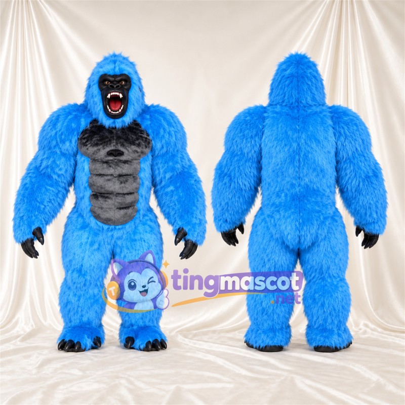 Costume de mascotte Gorille – bleu – Torse musclé (gris); Bouche ouverte