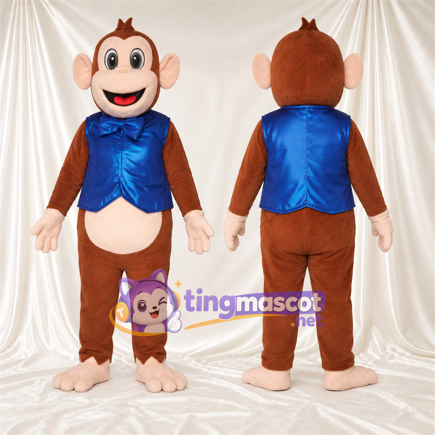 Maskottchenkostüm Affe – braun – Weste (blau); Fliege Maskottchenkostüm Affe – braun – Weste (blau); Fliege