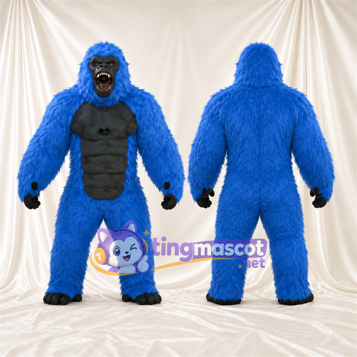 Costume de mascotte Gorille – bleu – Torse musclé (noir); Sourire avec dents Costume de mascotte Gorille – bleu – Torse musclé (noir); Sourire avec dents