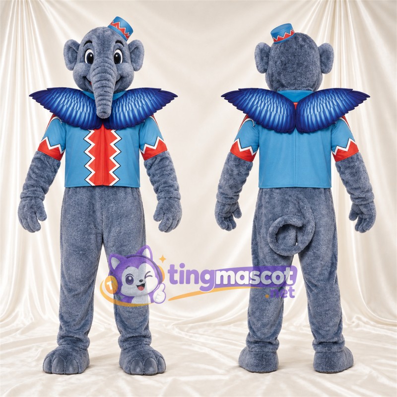 Maskottchenkostüm Elefant – grau – Oberteil (rot / blau); Kappe (blau)