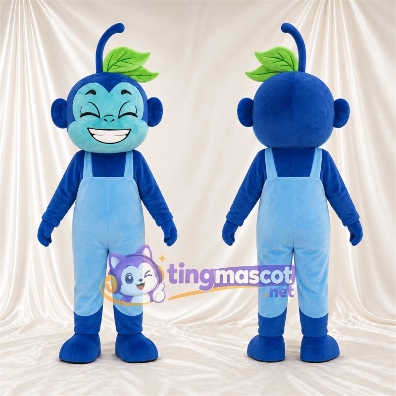 Maskottchenkostüm Affe – blau – Latzhose (hellblau); Breites Zahngrinsen