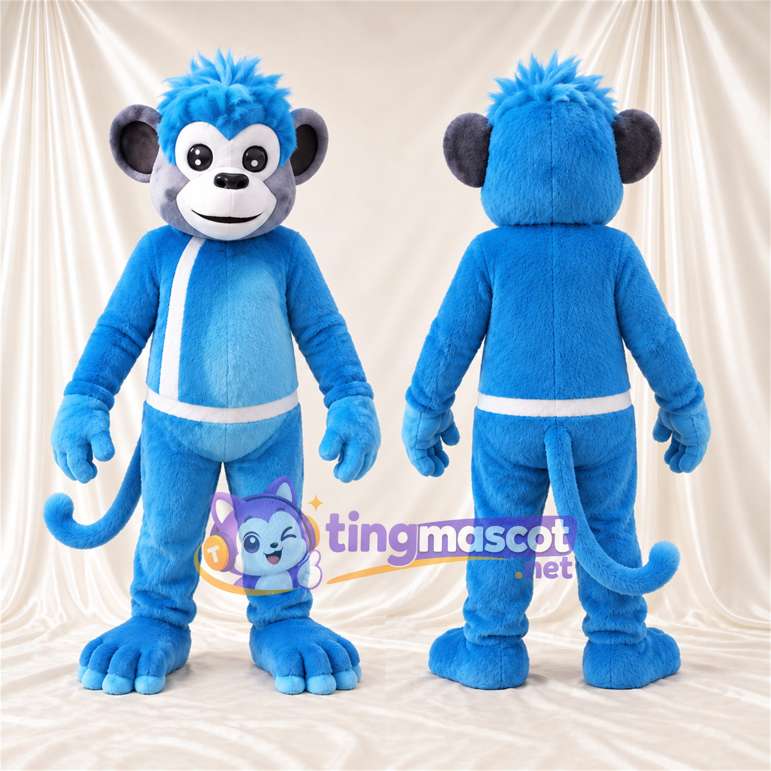 Costume de mascotte Singe – bleu – Harnais (blanc) Costume de mascotte Singe – bleu – Harnais (blanc)