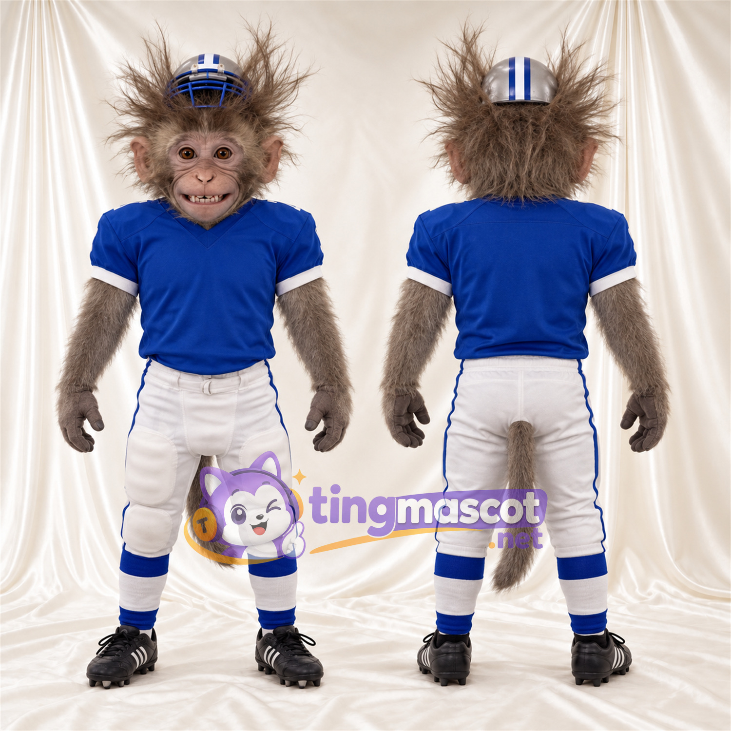 Maskottchenkostüm Affe – braun – Footballtrikot (blau / weiß) Maskottchenkostüm Affe – braun – Footballtrikot (blau / weiß)