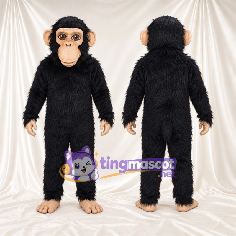 Black Monkey Mascot Costume - Tan Face and Shaggy Fur