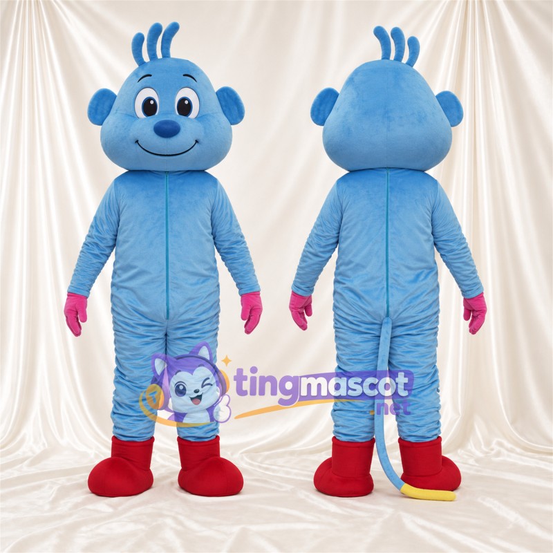 Costume de mascotte Singe – bleu – Mains (rose); Bottes (rouge)