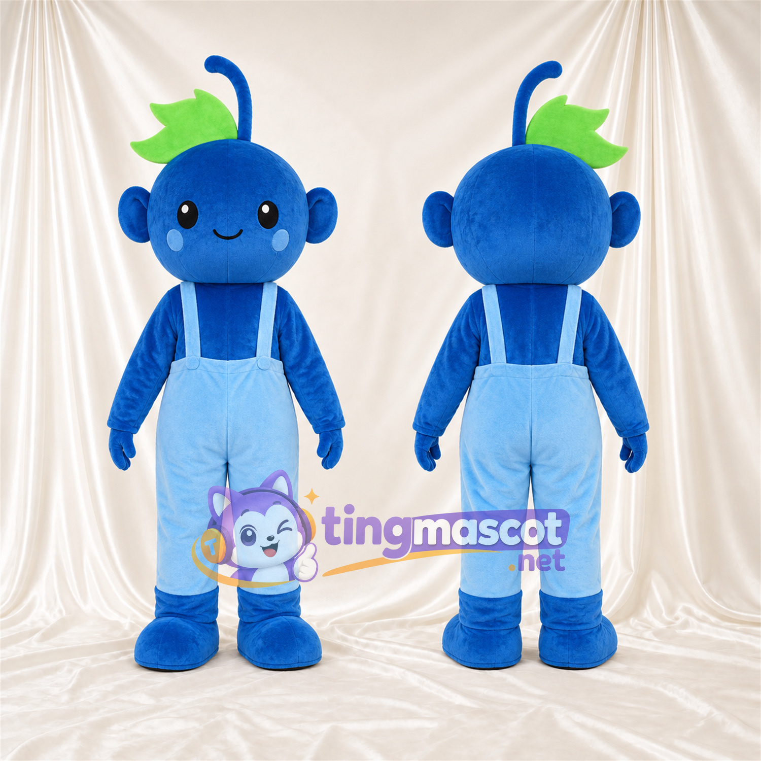 Costume de mascotte Singe – bleu – Salopette (bleu clair); Feuilles au sommet (vert) Costume de mascotte Singe – bleu – Salopette (bleu clair); Feuilles au sommet (vert)