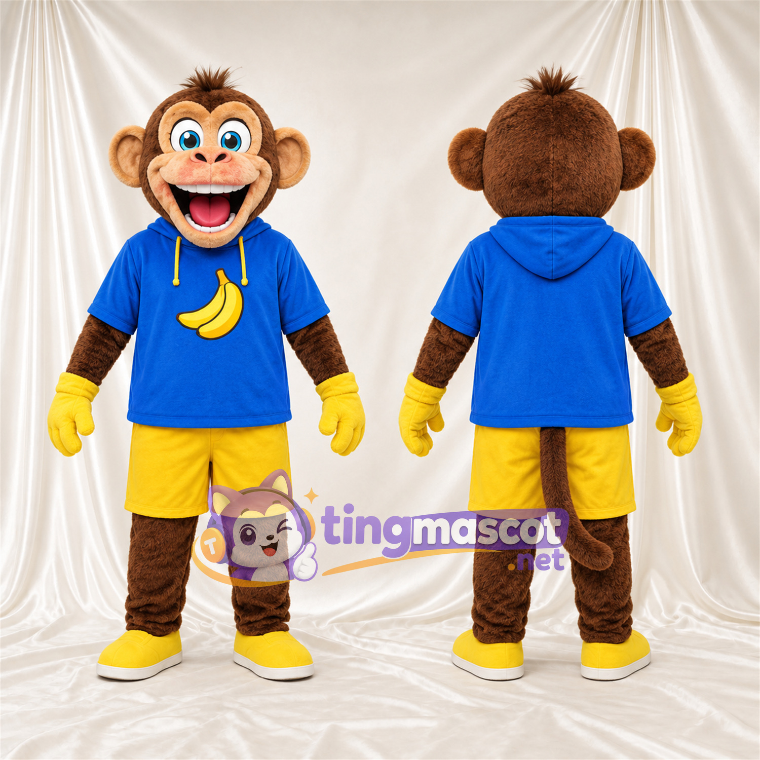 Maskottchenkostüm Affe – braun – Kapuzenpullover; Shorts (gelb) Maskottchenkostüm Affe – braun – Kapuzenpullover; Shorts (gelb)
