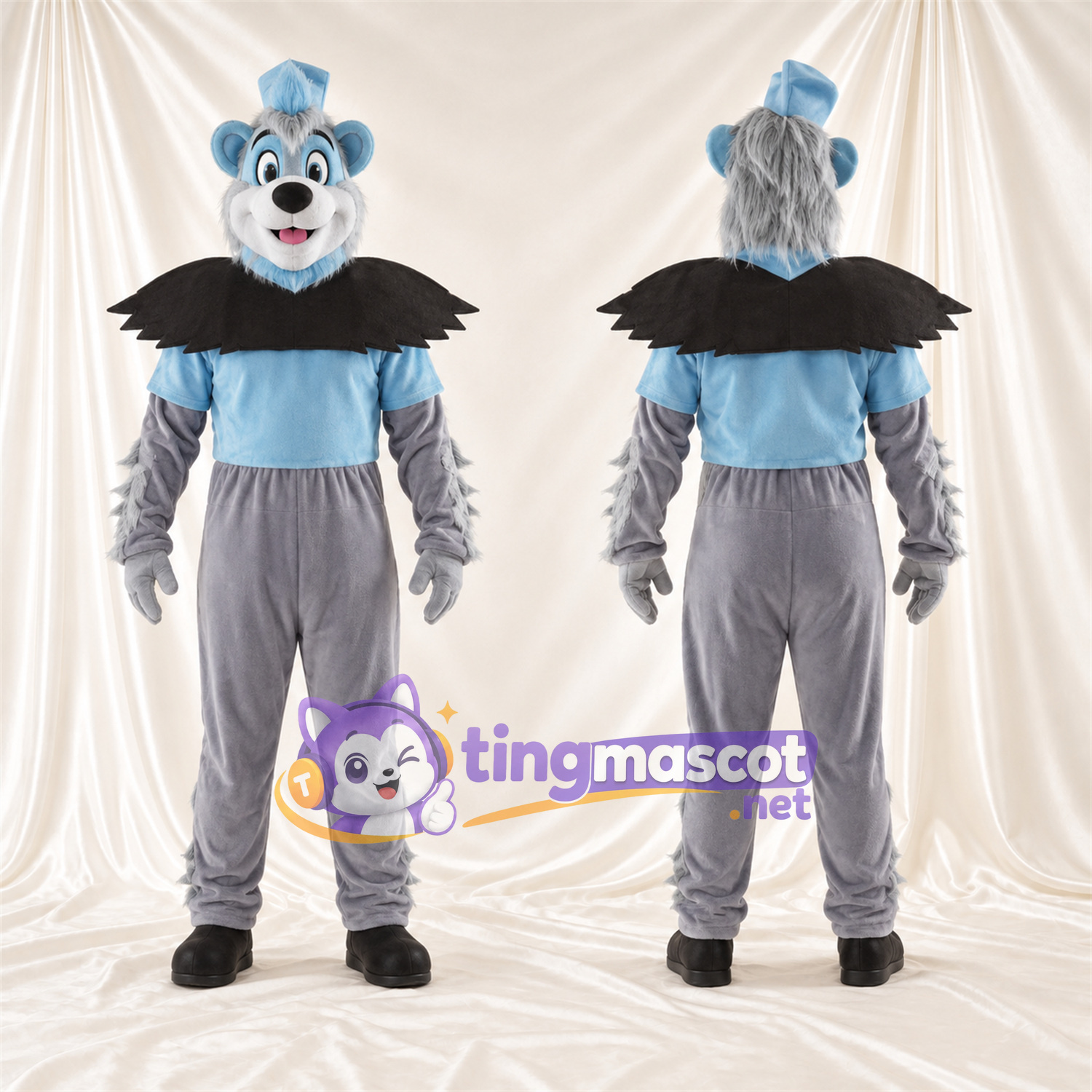 Maskottchenkostüm Fantasiewesen – grau / blau – Umhang Maskottchenkostüm Fantasiewesen – grau / blau – Umhang