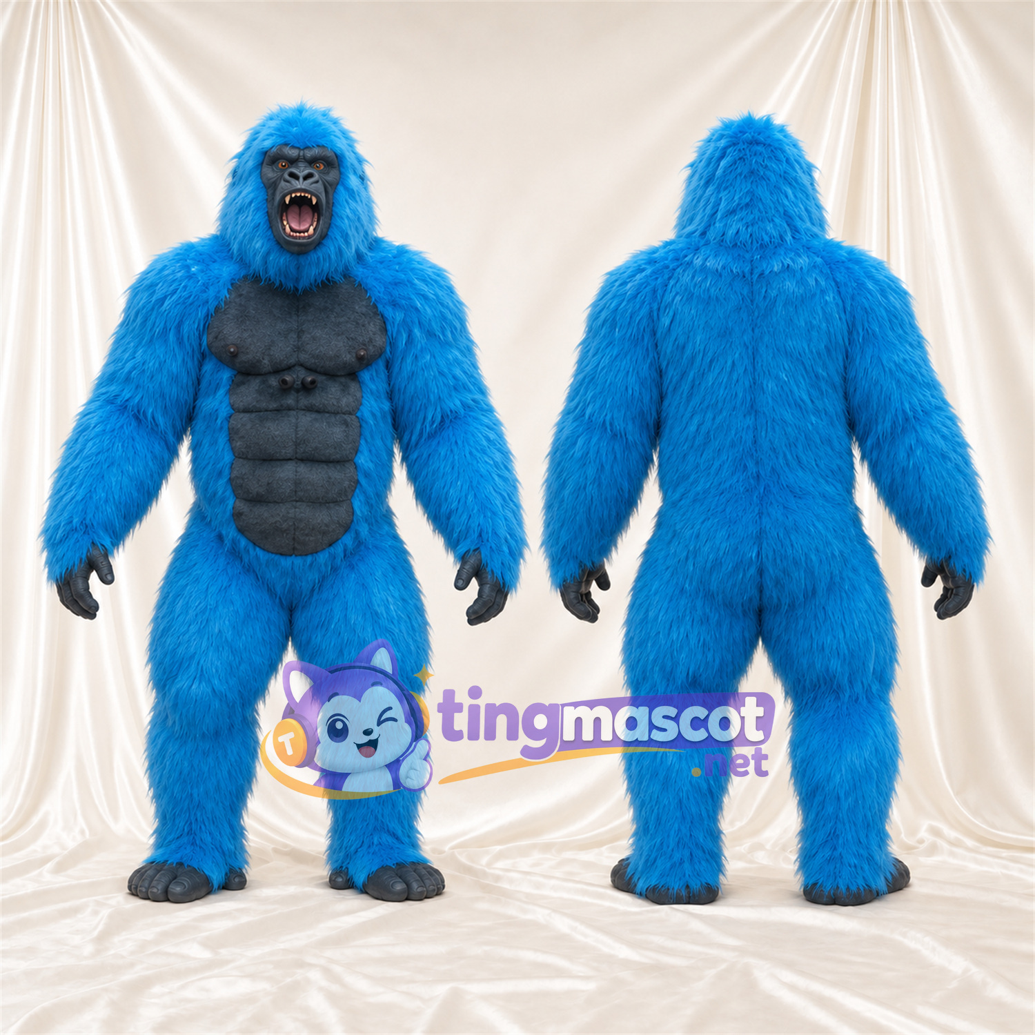 Costume de mascotte Gorille – bleu – Torse musclé (noir); Bouche ouverte Costume de mascotte Gorille – bleu – Torse musclé (noir); Bouche ouverte