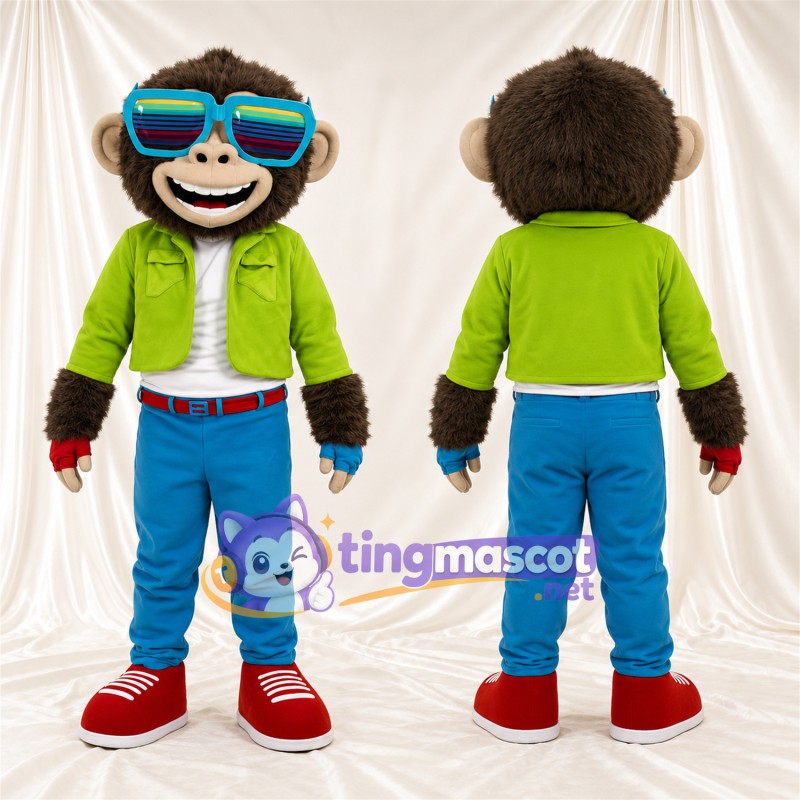 Maskottchenkostüm Affe – braun – Jacke (grün); Hose (blau)