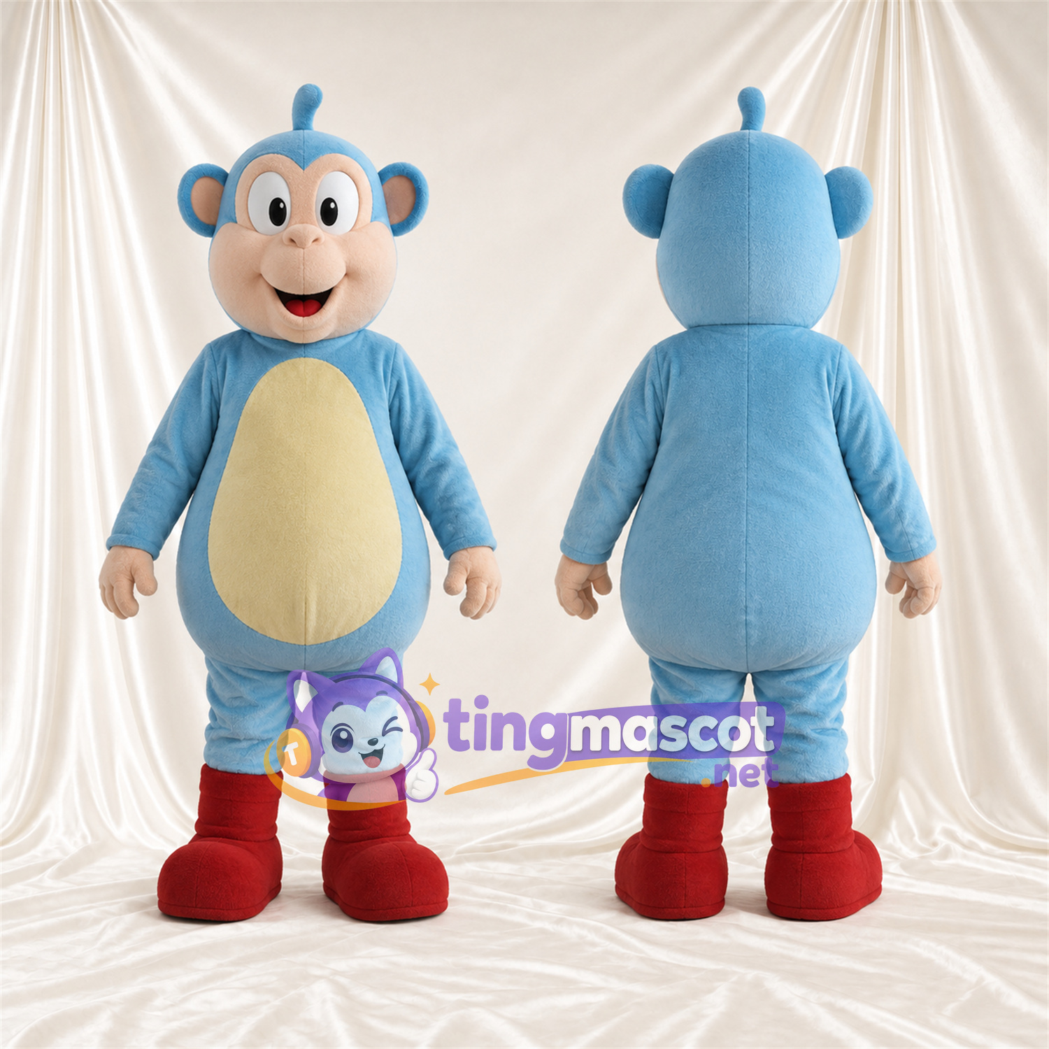 Maskottchenkostüm Affe – blau – Bauch (creme); Stiefel (rot) Maskottchenkostüm Affe – blau – Bauch (creme); Stiefel (rot)