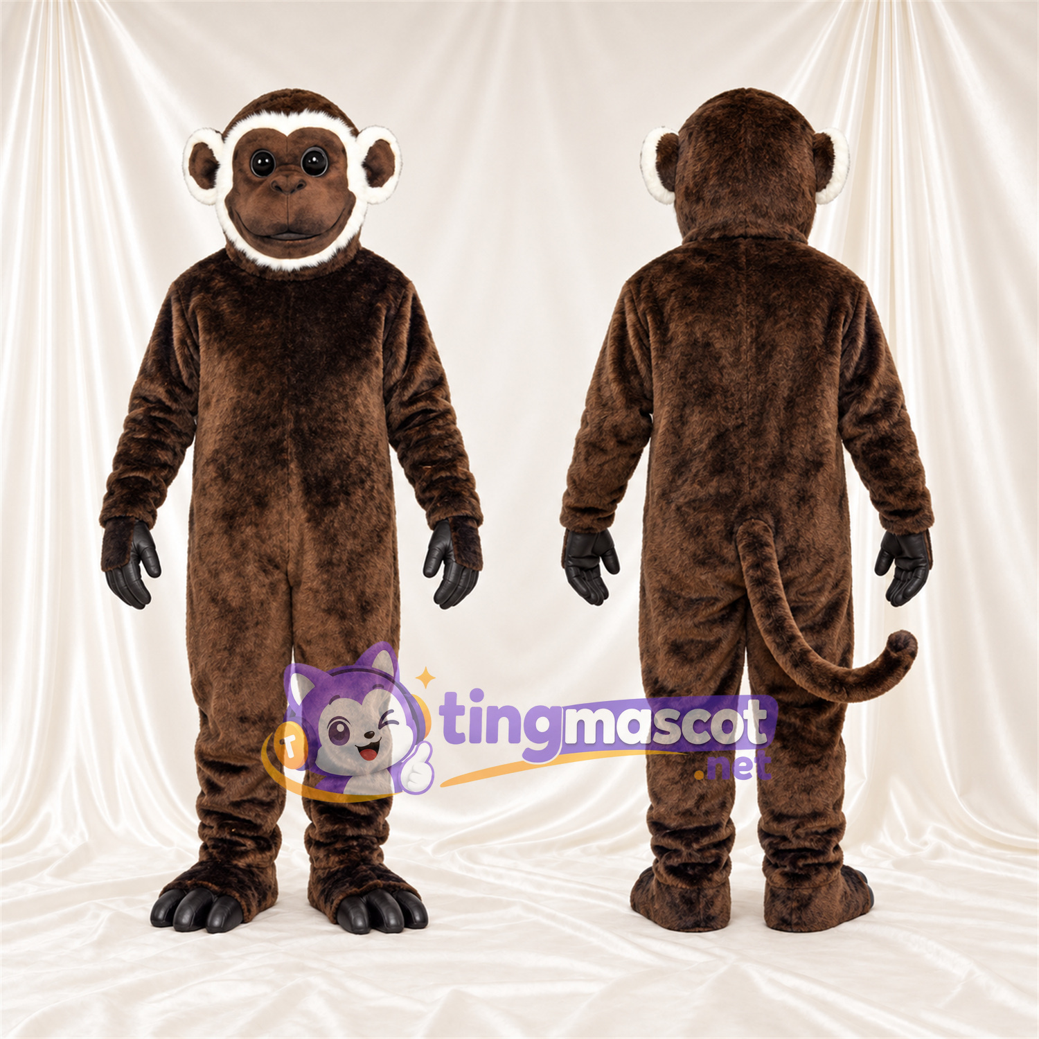 Maskottchenkostüm Affe – braun – Handschuhe (schwarz); Gesicht (weiß) Maskottchenkostüm Affe – braun – Handschuhe (schwarz); Gesicht (weiß)