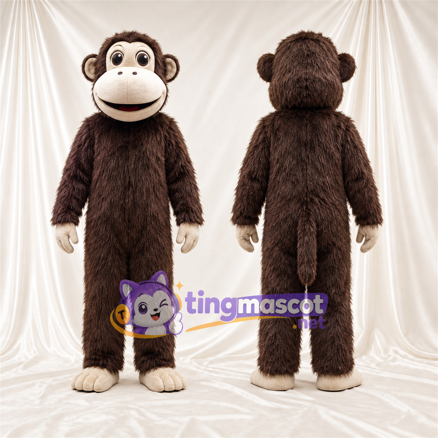 Maskottchenkostüm Affe – braun – Hände (weiß); Schnauze (weiß) Maskottchenkostüm Affe – braun – Hände (weiß); Schnauze (weiß)