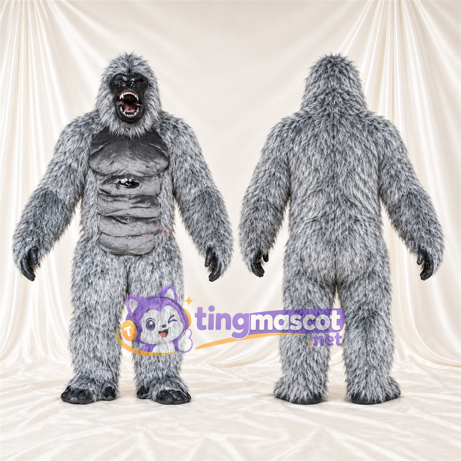 Maskottchenkostüm Gorilla – grau – Muskelbrust (grau); Zottelfell Maskottchenkostüm Gorilla – grau – Muskelbrust (grau); Zottelfell