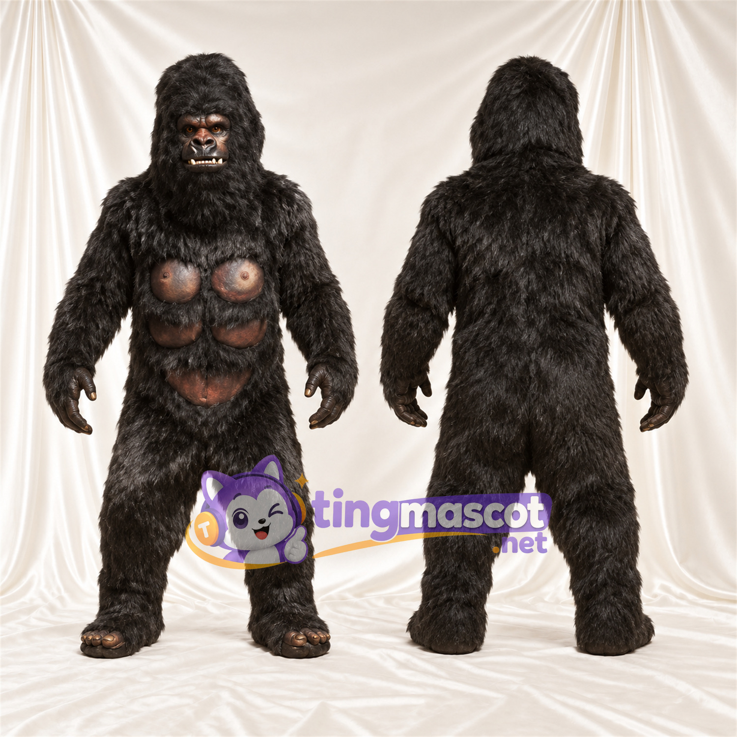 Black Gorilla Mascot Costume - Brown Muscle Chest and Closed Mouth Black Gorilla Mascot Costume - Brown Muscle Chest and Closed Mouth