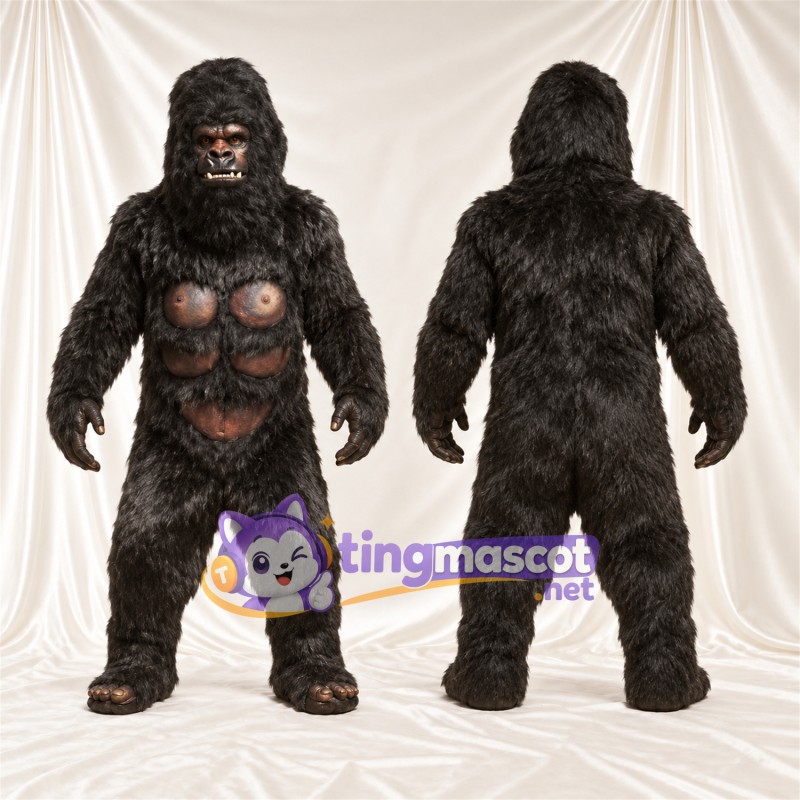 Black Gorilla Mascot Costume - Brown Muscle Chest and Closed Mouth