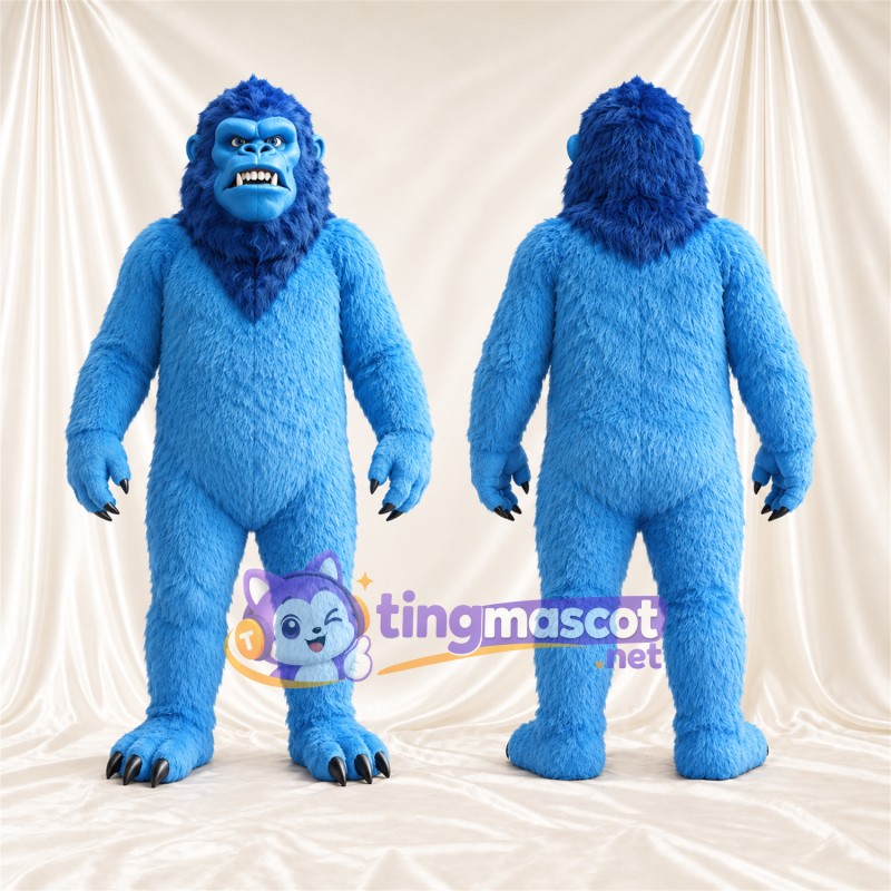 Costume de mascotte Gorille – bleu – Sourire avec dents; Fourrure hirsute