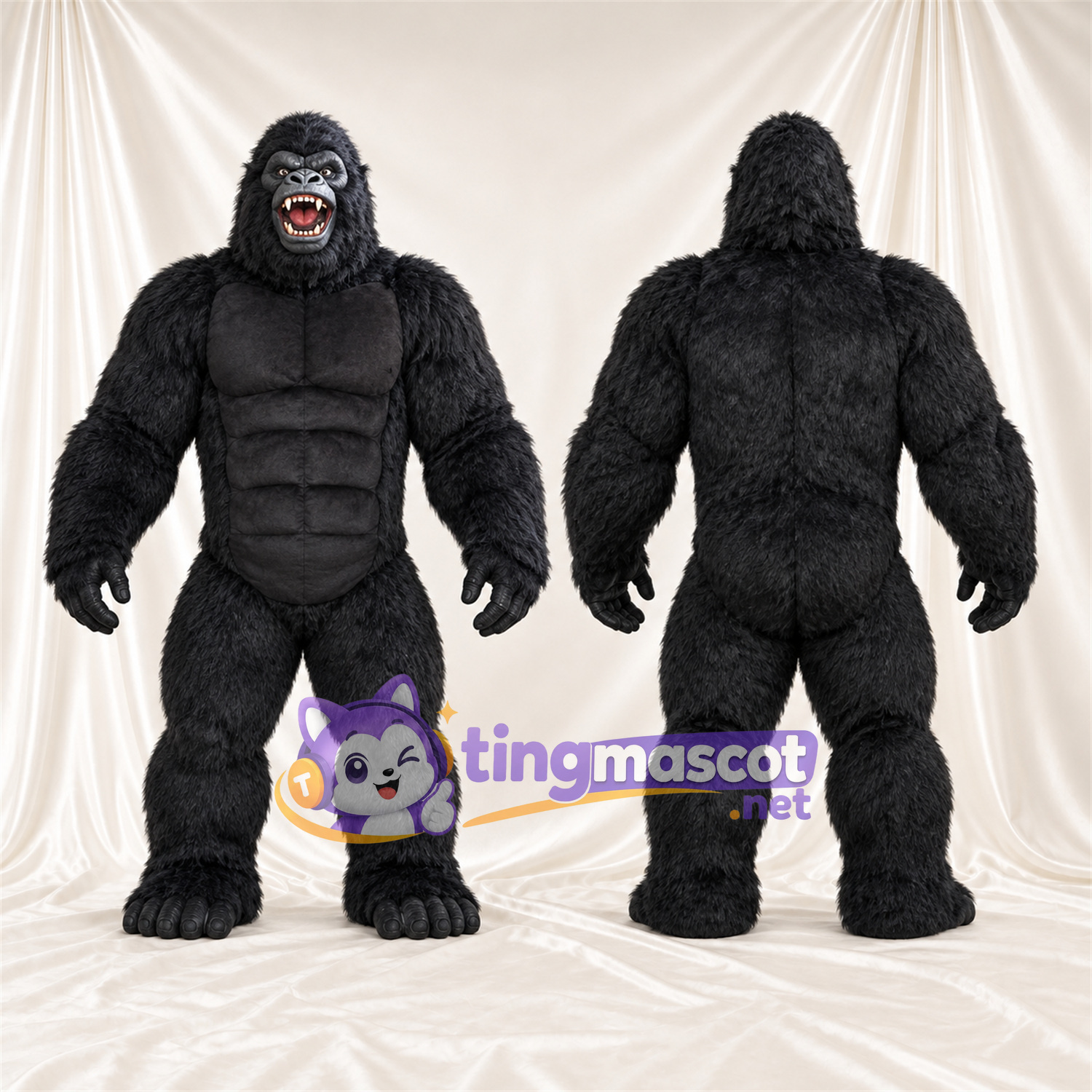Black Gorilla Mascot Costume - Black Muscle Chest and Open Mouth Black Gorilla Mascot Costume - Black Muscle Chest and Open Mouth