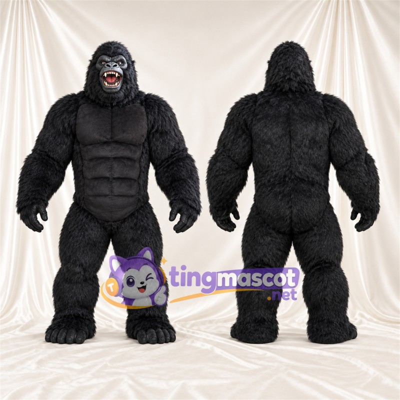 Black Gorilla Mascot Costume - Black Muscle Chest and Open Mouth