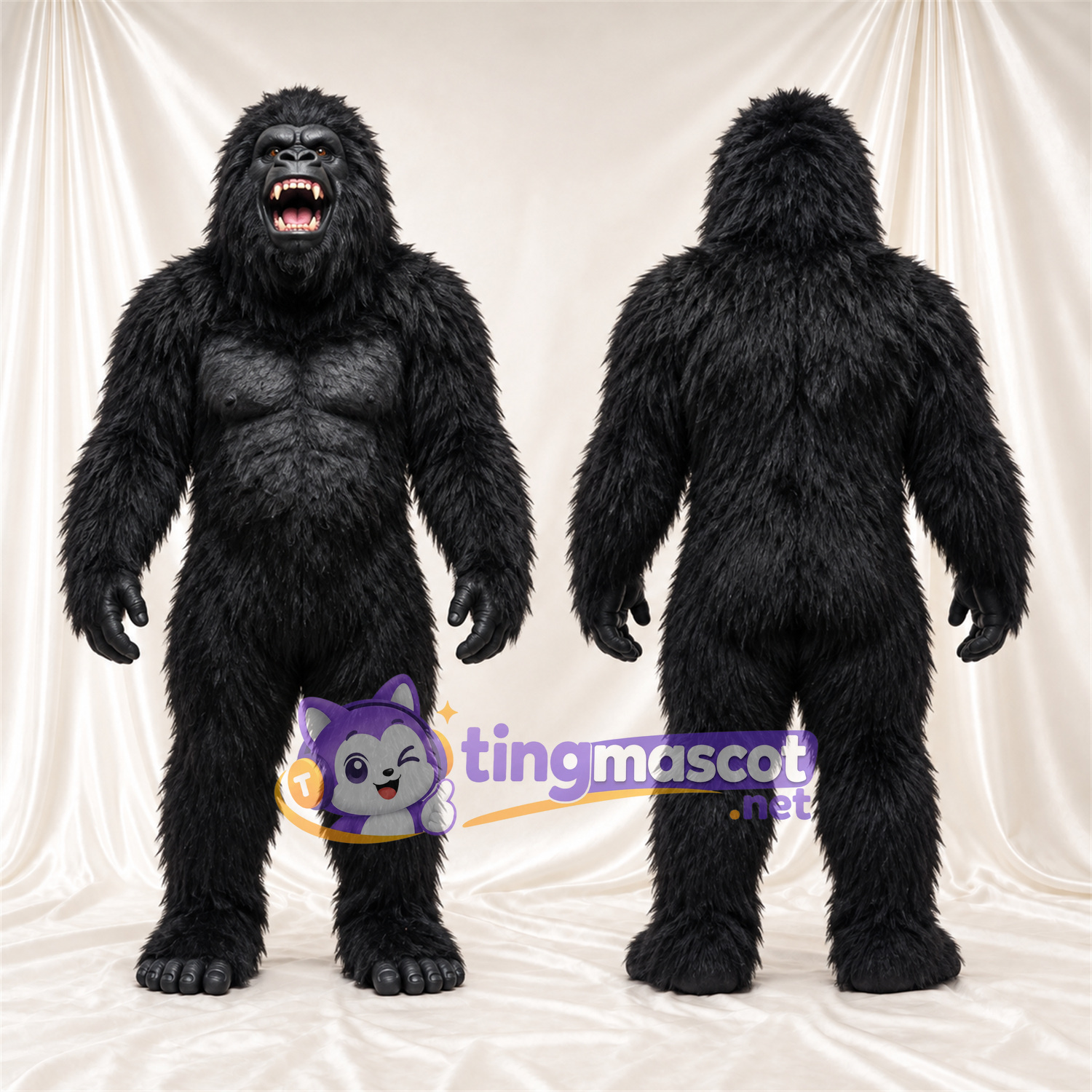 Black Gorilla Mascot Costume - Black Muscle Chest and Pointed Fangs Black Gorilla Mascot Costume - Black Muscle Chest and Pointed Fangs