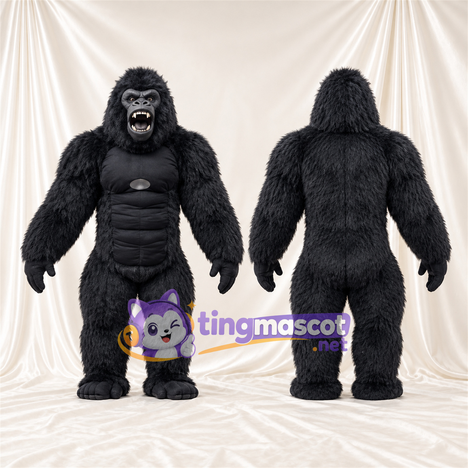 Black Gorilla Mascot Costume - Black Muscle Chest and Pointed Fangs Black Gorilla Mascot Costume - Black Muscle Chest and Pointed Fangs
