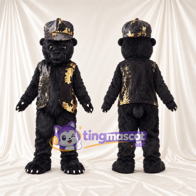 Black Gorilla Mascot Costume - Black and Gold Hat and Vest