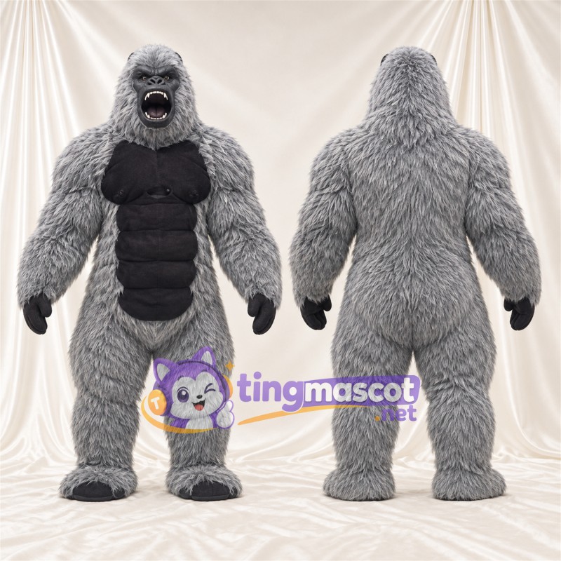 Maskottchenkostüm Gorilla – grau – Muskelbrust (schwarz); Zottelfell