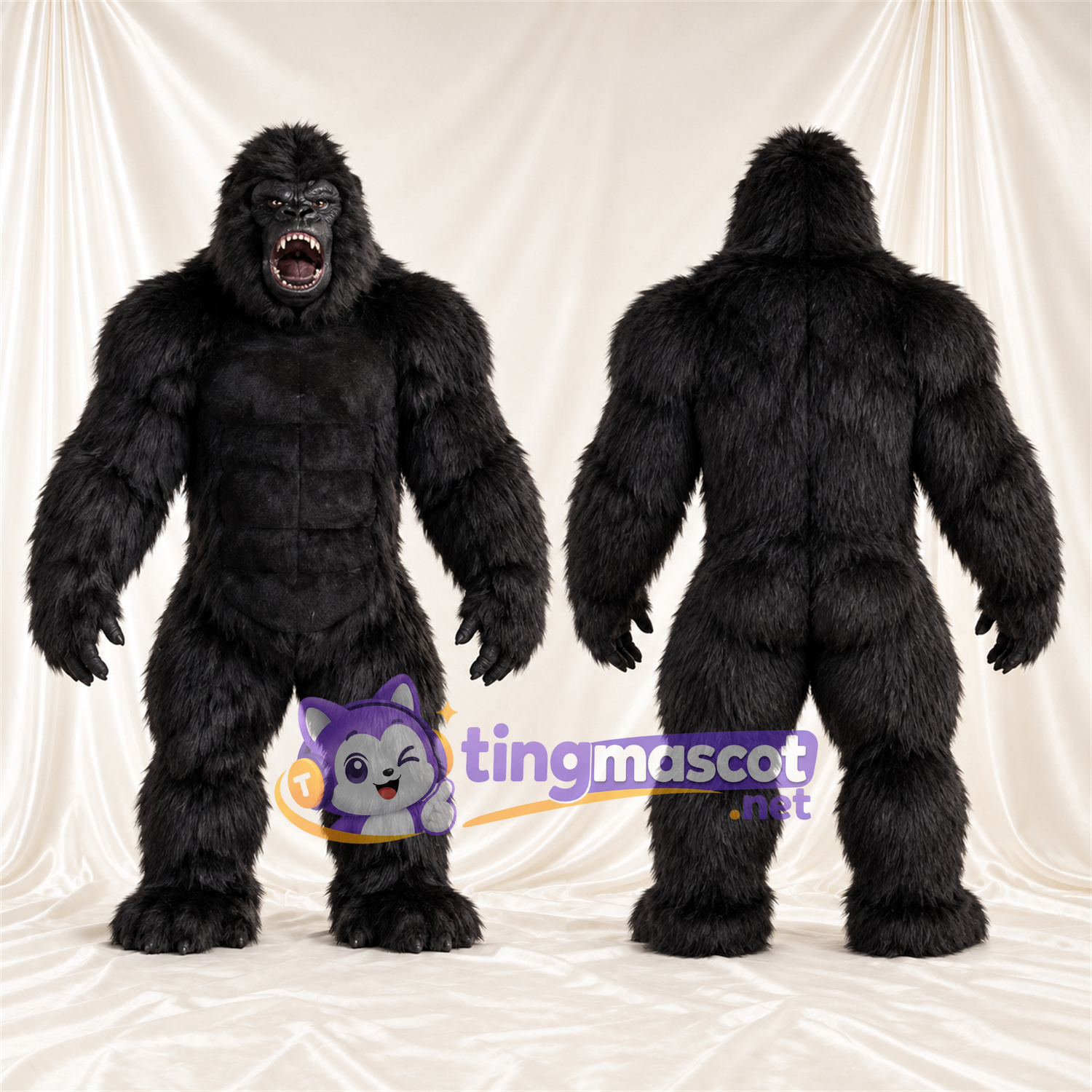 Black Gorilla Mascot Costume - Pointed Fangs and Shaggy Fur Black Gorilla Mascot Costume - Pointed Fangs and Shaggy Fur