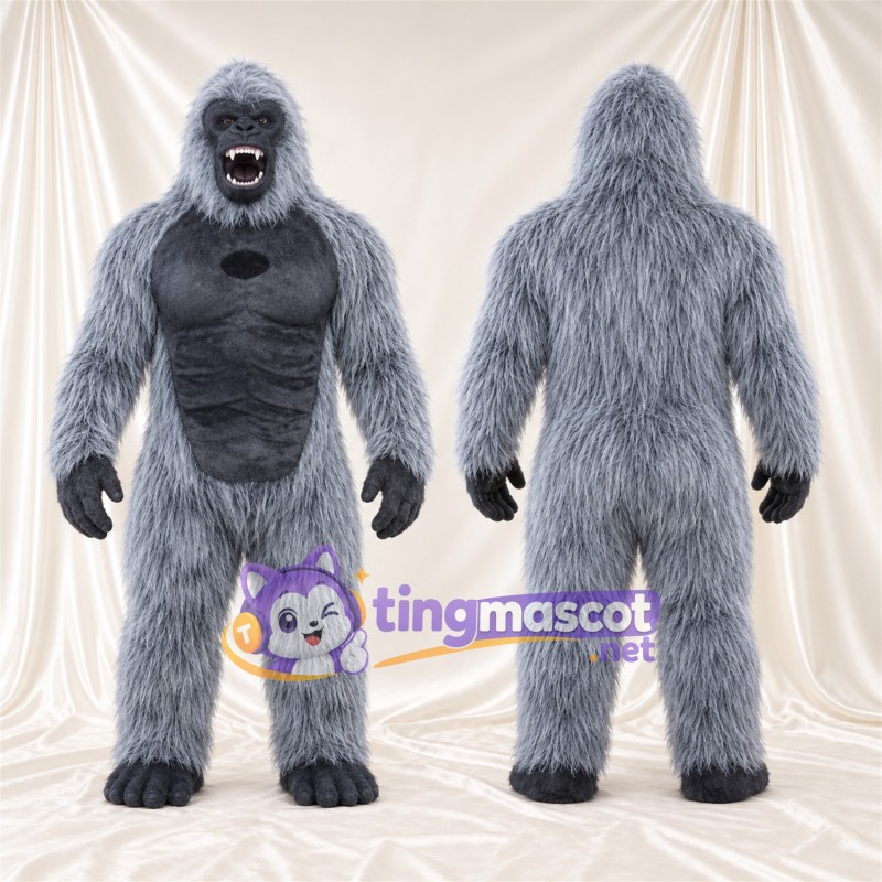 Maskottchenkostüm Gorilla – grau – Muskelbrust (schwarz); Offener Mund
