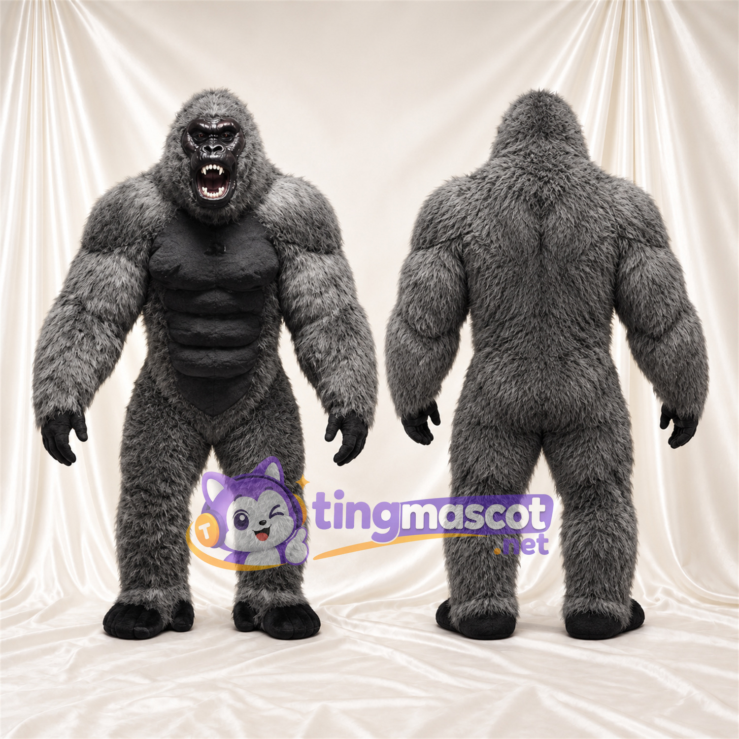 Maskottchenkostüm Gorilla – grau – Muskelbrust (schwarz); Offener Mund Maskottchenkostüm Gorilla – grau – Muskelbrust (schwarz); Offener Mund