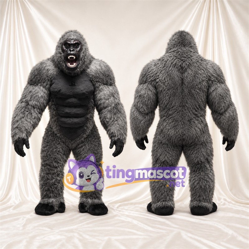 Maskottchenkostüm Gorilla – grau – Muskelbrust (schwarz); Offener Mund