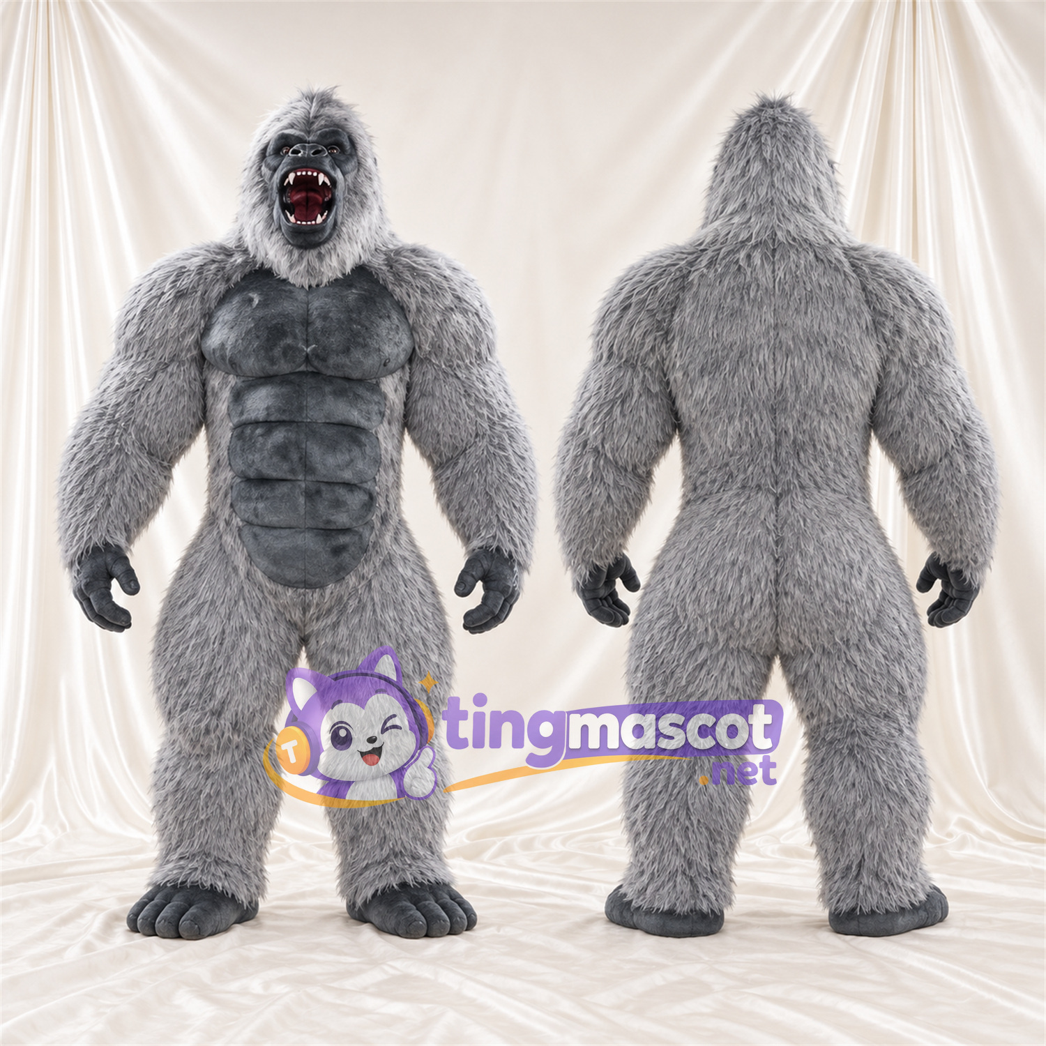 Maskottchenkostüm Gorilla – grau – Muskelbrust (grau); Offener Mund Maskottchenkostüm Gorilla – grau – Muskelbrust (grau); Offener Mund