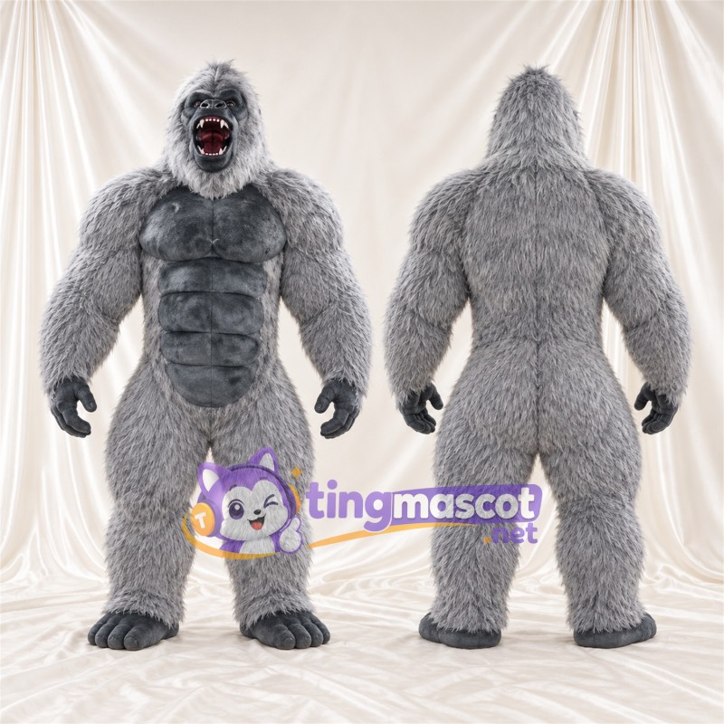 Maskottchenkostüm Gorilla – grau – Muskelbrust (grau); Offener Mund