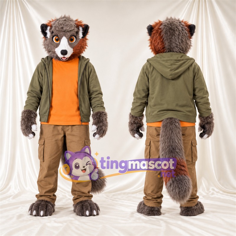 Costume de mascotte Panda roux – gris / brun rouille – Veste (vert); Chemise (orange)