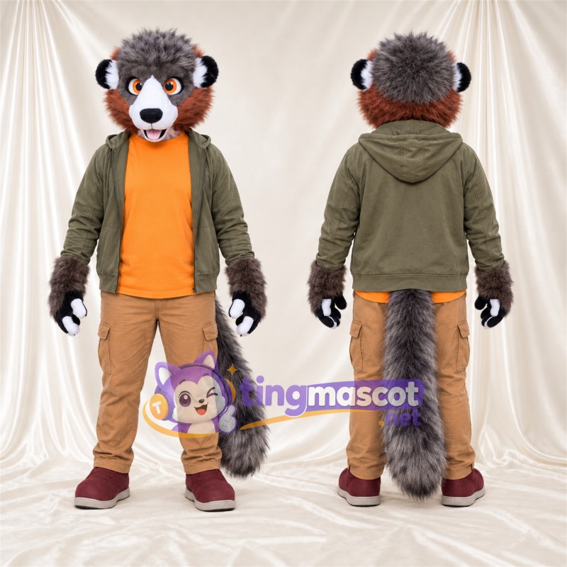 Brown Red Panda Mascot Costume - Green Hoodie and Tan Pants