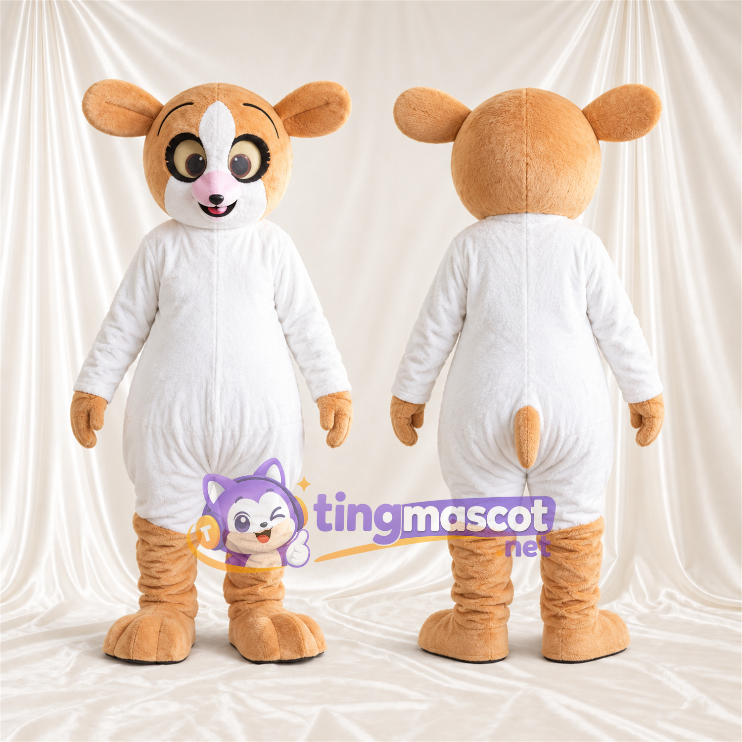 Costume de mascotte Lémurien – brun clair – Nez (rose); Combinaison (blanc) Costume de mascotte Lémurien – brun clair – Nez (rose); Combinaison (blanc)