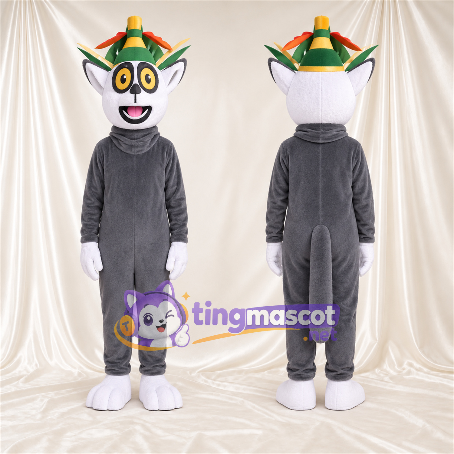 Costume de mascotte Lémurien – gris – Couronne (vert); Gants (blanc) Costume de mascotte Lémurien – gris – Couronne (vert); Gants (blanc)