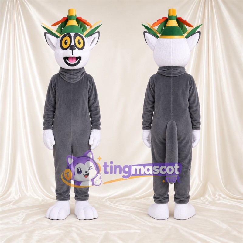 Costume de mascotte Lémurien – gris – Couronne (vert); Gants (blanc)