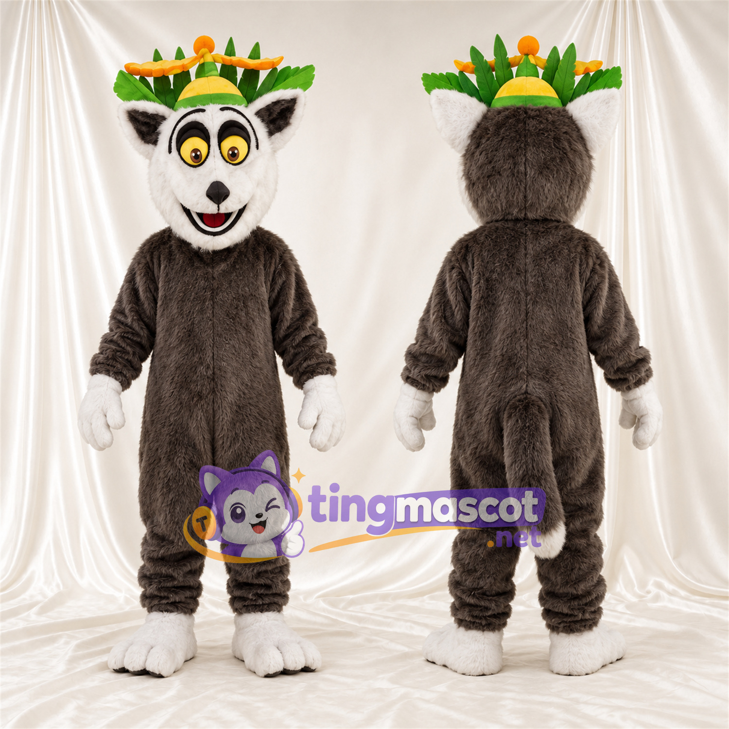 Maskottchenkostüm Lemur – braun / weiß – Krone (grün) Maskottchenkostüm Lemur – braun / weiß – Krone (grün)