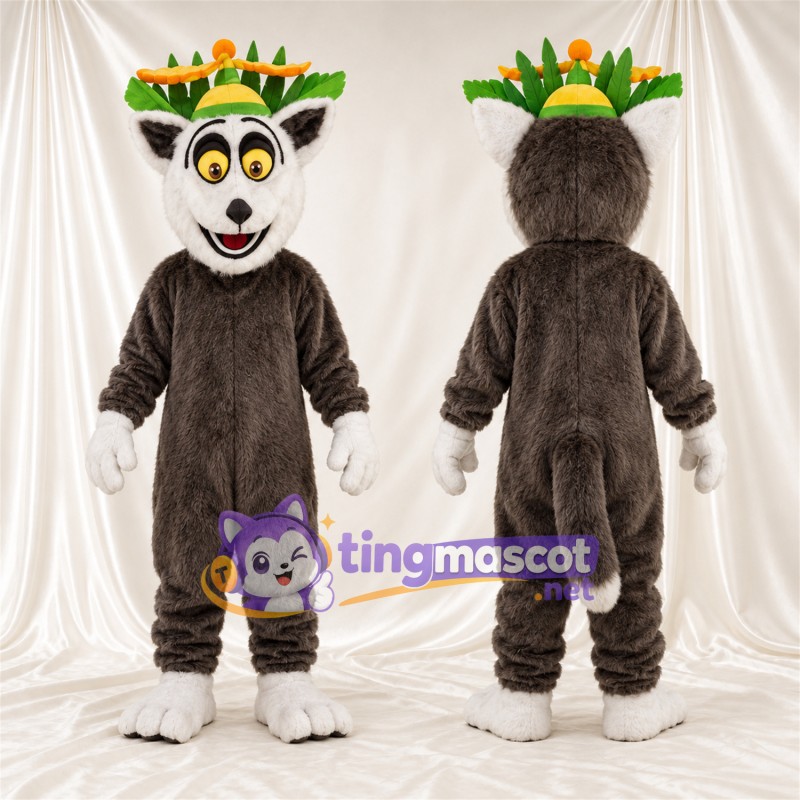 Maskottchenkostüm Lemur – braun / weiß – Krone (grün)