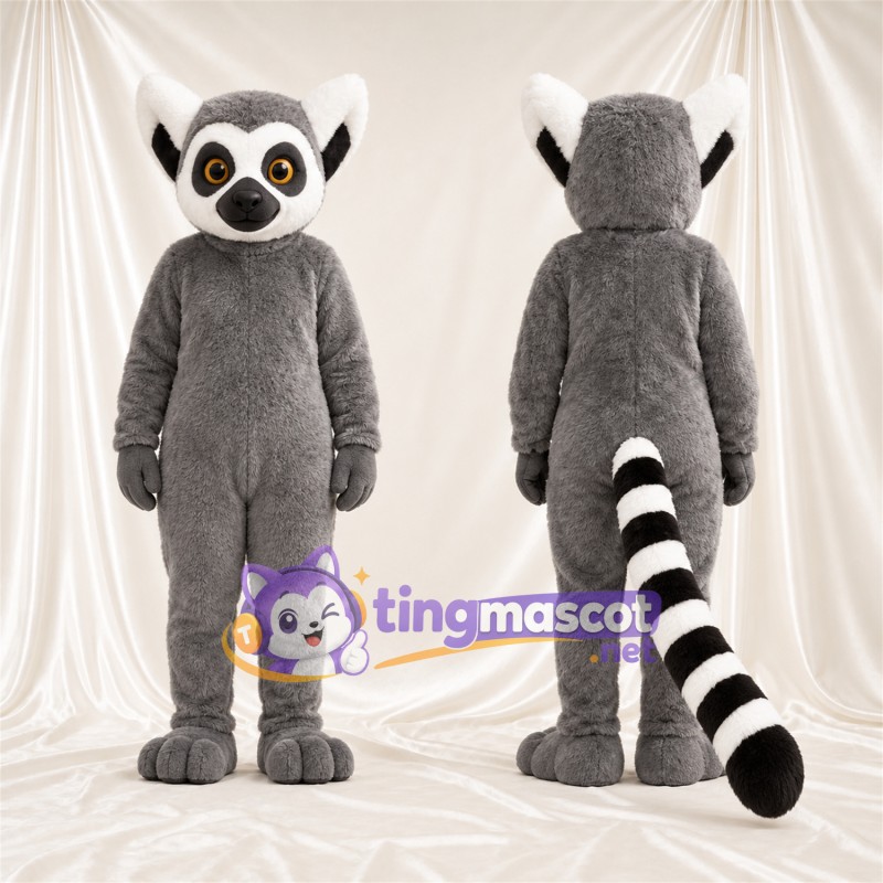 Costume de mascotte Lémurien – gris – Queue rayée (blanc); Yeux (jaune)