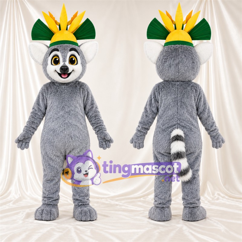 Costume de mascotte Lémurien – gris – Couronne (vert / jaune)