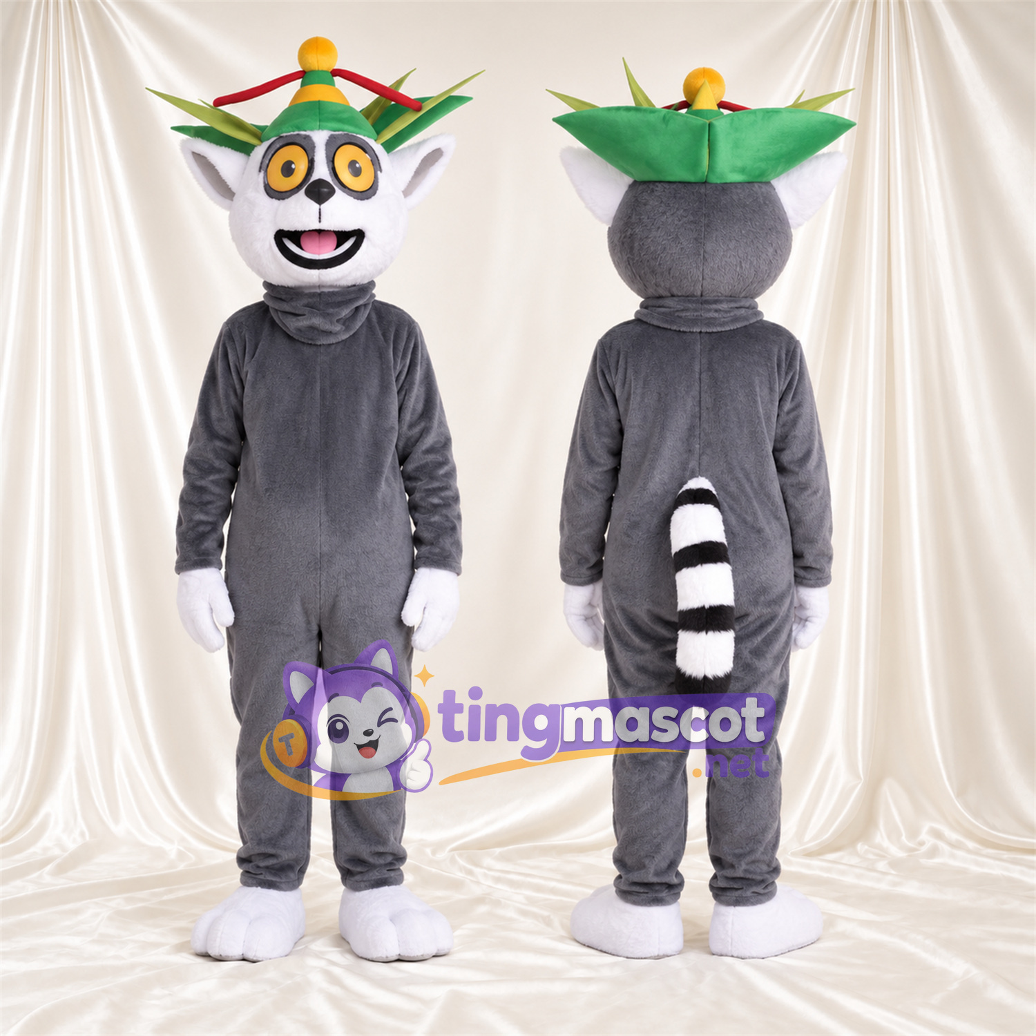 Costume de mascotte Lémurien – gris – Couronne (vert); Gants (blanc) Costume de mascotte Lémurien – gris – Couronne (vert); Gants (blanc)