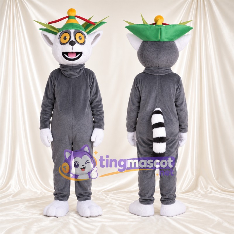 Costume de mascotte Lémurien – gris – Couronne (vert); Gants (blanc)