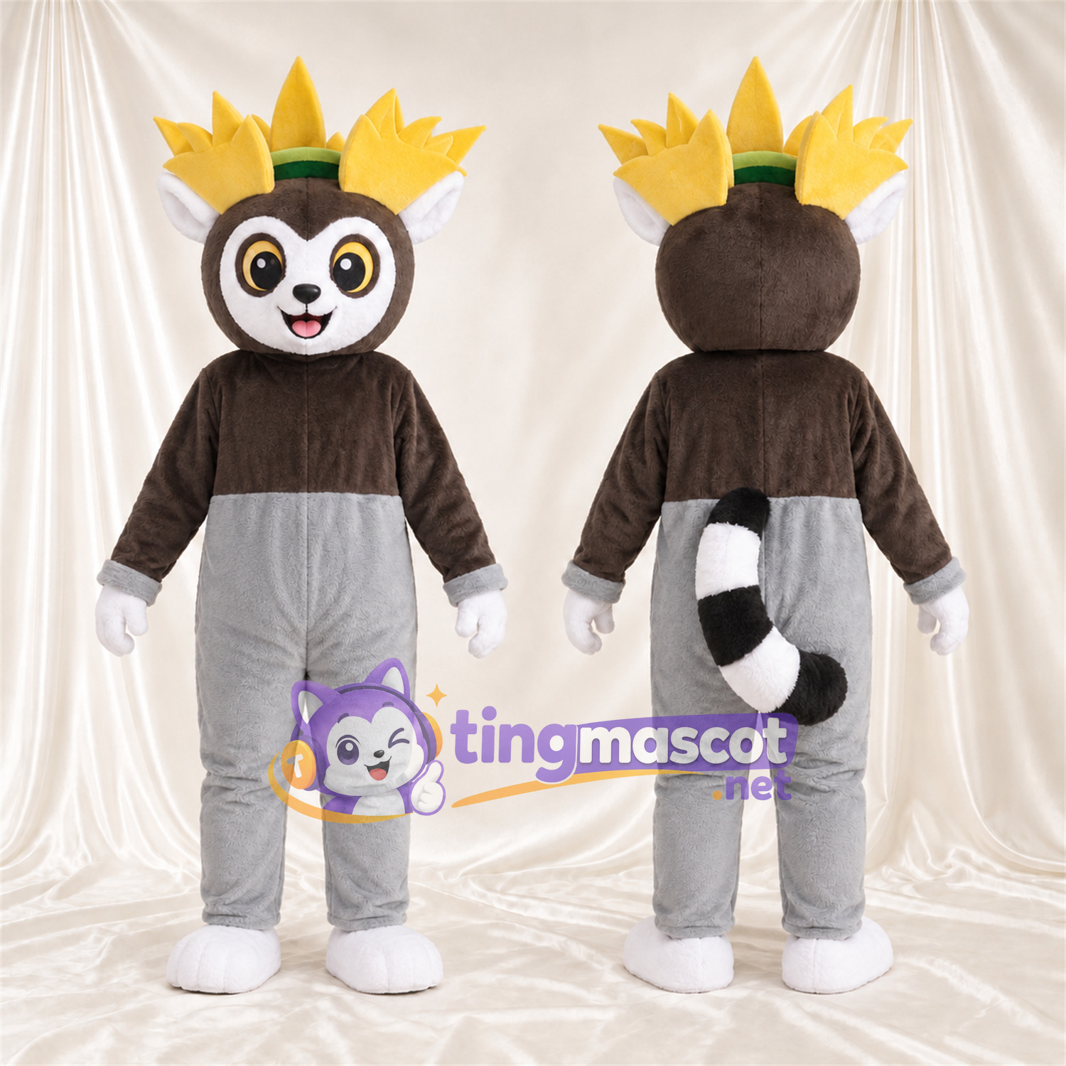 Maskottchenkostüm Lemur – braun / weiß – Krone (gelb) Maskottchenkostüm Lemur – braun / weiß – Krone (gelb)