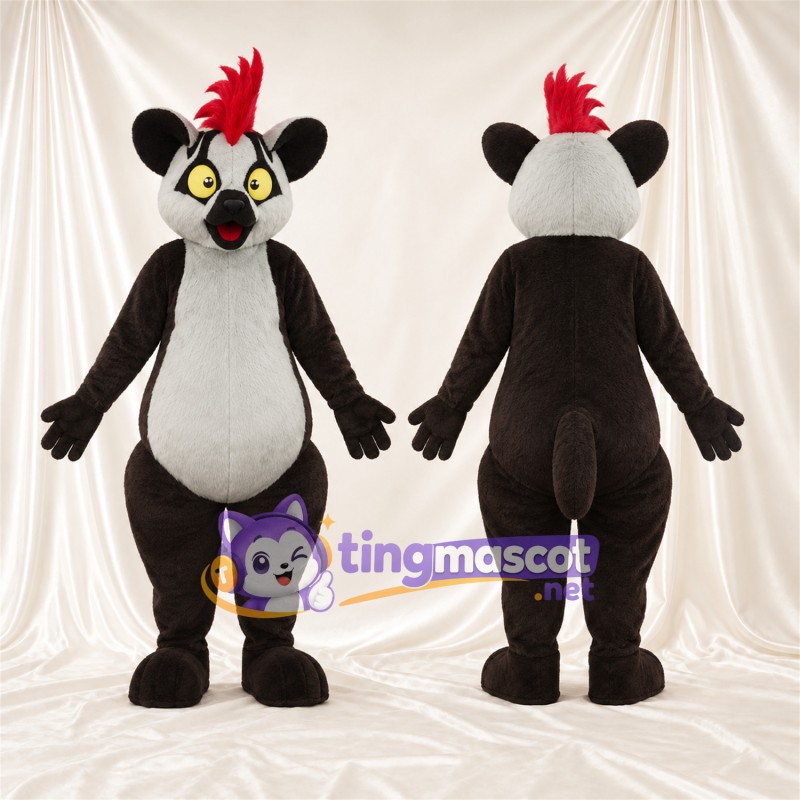 Black and Gray Lemur Mascot Costume - Red Hair Tuft